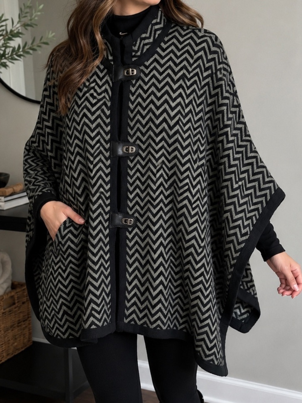 Alia Chevron Knit Poncho Cape Sweater Gray Black Toggle Closure S/M